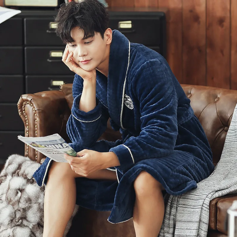 Winter Men's Nightgown New Thickened Warm Flannel Long Sleeve Lapel Pajamas Coral Fleece  Sleepwear Bath Designer Robe Bathrobe