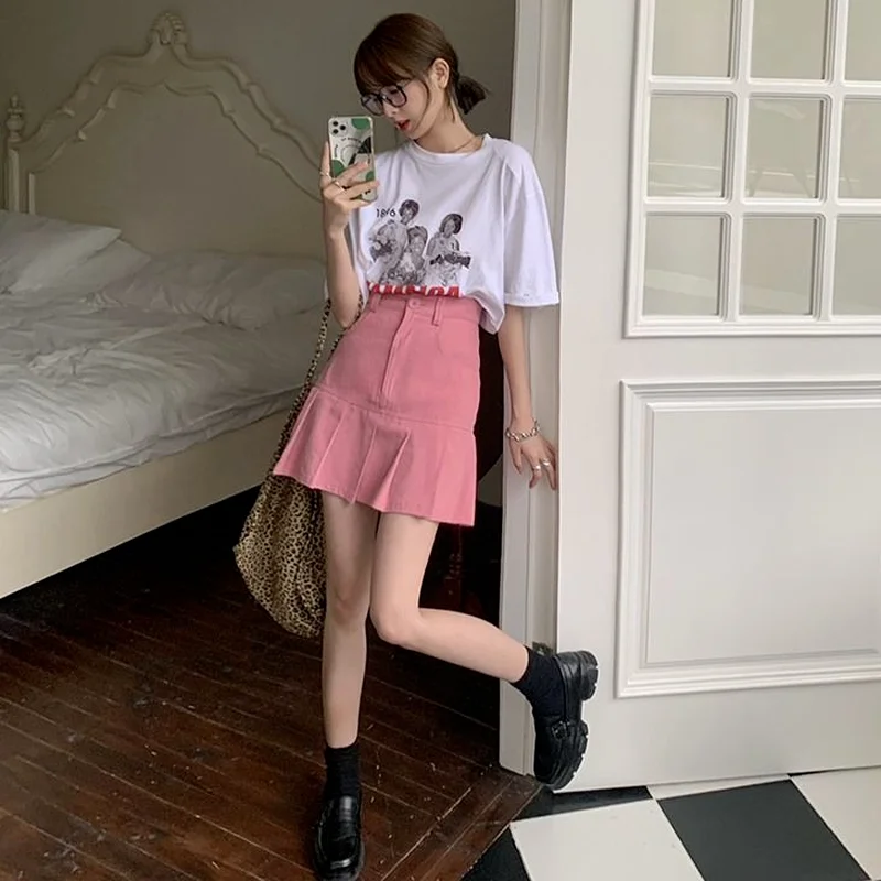 Юбки Для женщин однотонная Милая Корейская версия Высокая талия на себе модный