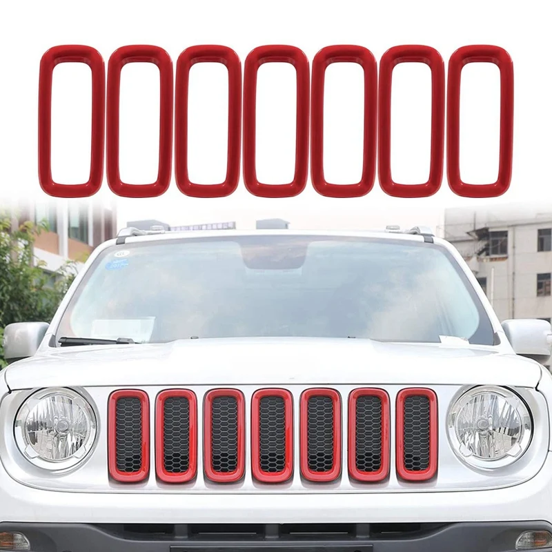 

7Pcs Car ABS Front Grill Grille Inserts Mesh Grill Guard Cover Trim Red for Jeep Renegade 2015-2018 Accessories
