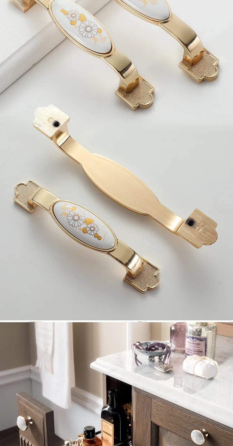 JD European Cabinet Wardrobe Door Single Hole Handle Gold Ceramic Handle Modern American Flower Pattern Drawer Furniture Handle