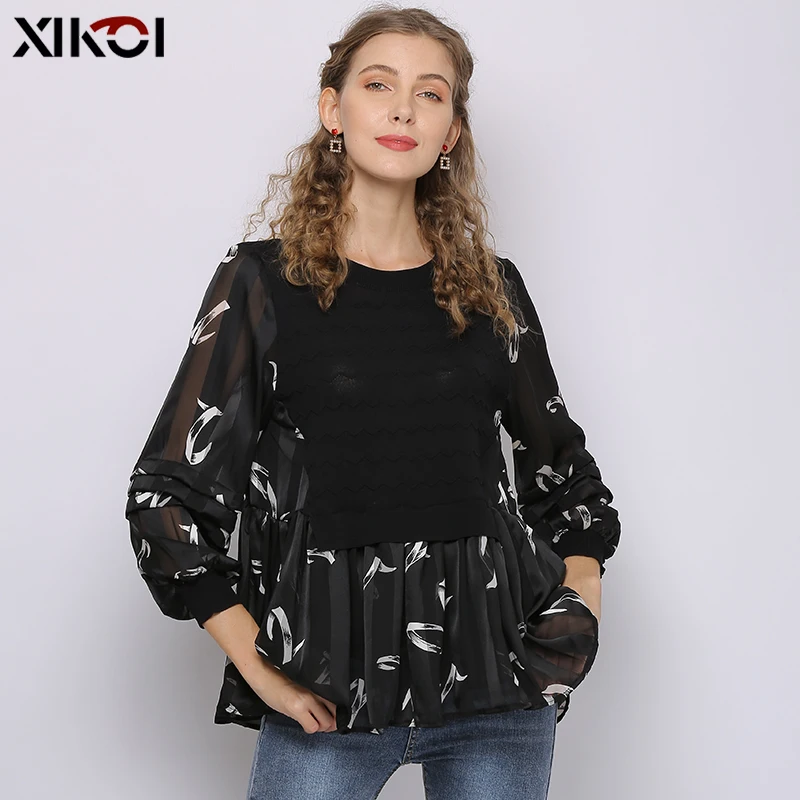 

XIKOI Womens Chiffon Blouse Tops and Blouses Print Black Casual Shirt blusas mujer de moda 2021 Long Sleeve Women Shirts Clothes