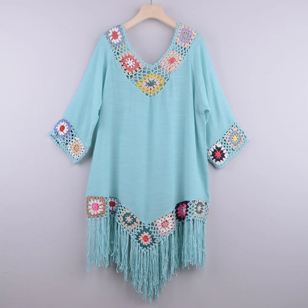 

Folk-custom Womenâ€™s Irregular Crochet Flowers Chiffon Tassel Swimsuit Beach Bikini 2021 New Cover Ups White Loose Swimwear