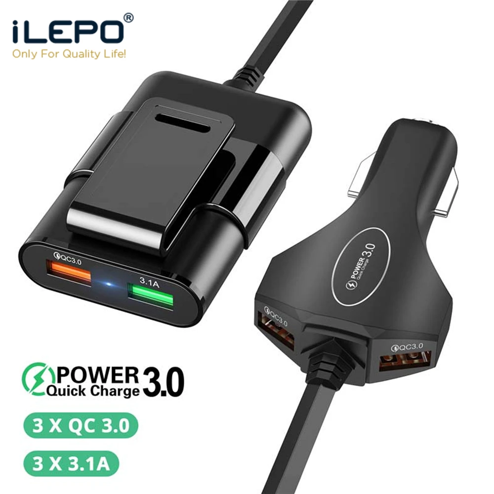 

iLEPO 4 Ports Multi USB QC 3.0 Car Charger Quick Charge Adapter Portable Plug Mobile Phone Car Front Backseat Clip Fast Charging