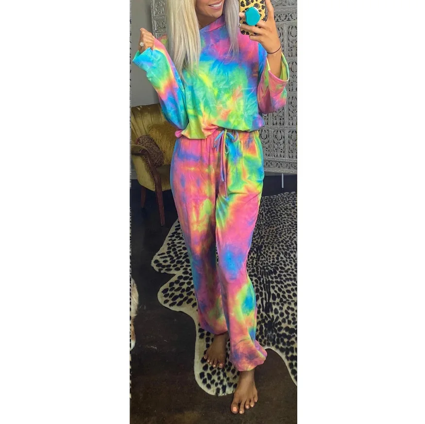 

2021 European and American Pajamas Women's Tie Dye Printing Long Sleeve Hooded Loose Casual Suit Om9470