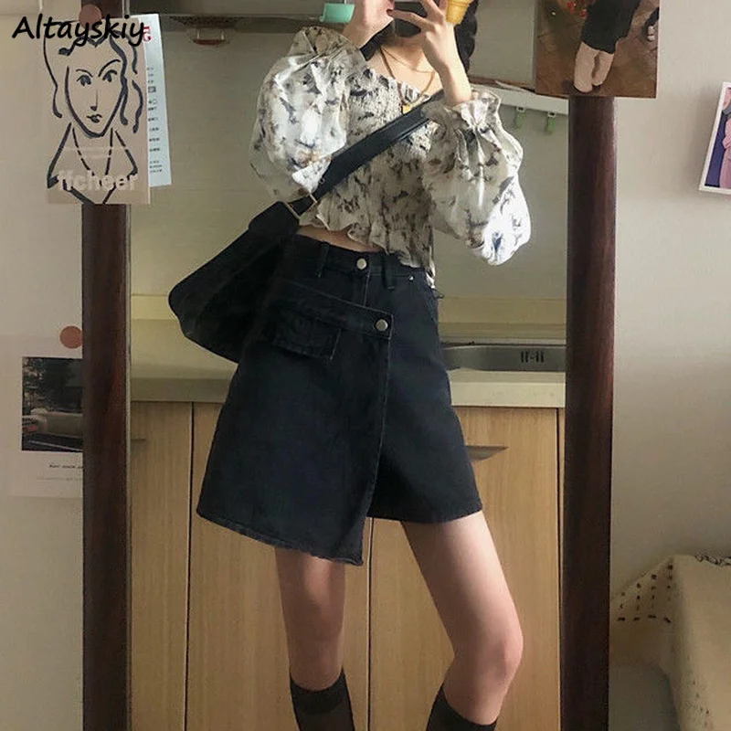 

Asymmetrical Skirts Women Design Denim Mini Skirt Sexy Button Harajuku A-line High Waist Streetwear All-match Teens Ulzzang Chic