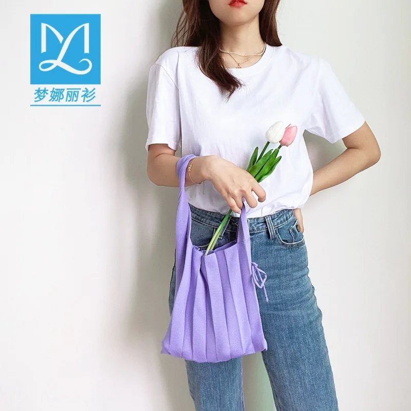 

Brand Collapsible Knitting Shoulder Bag Eco Cotton Cloth Shopping Bags Large Capacity Students Books Bag Girls Pleated Totes