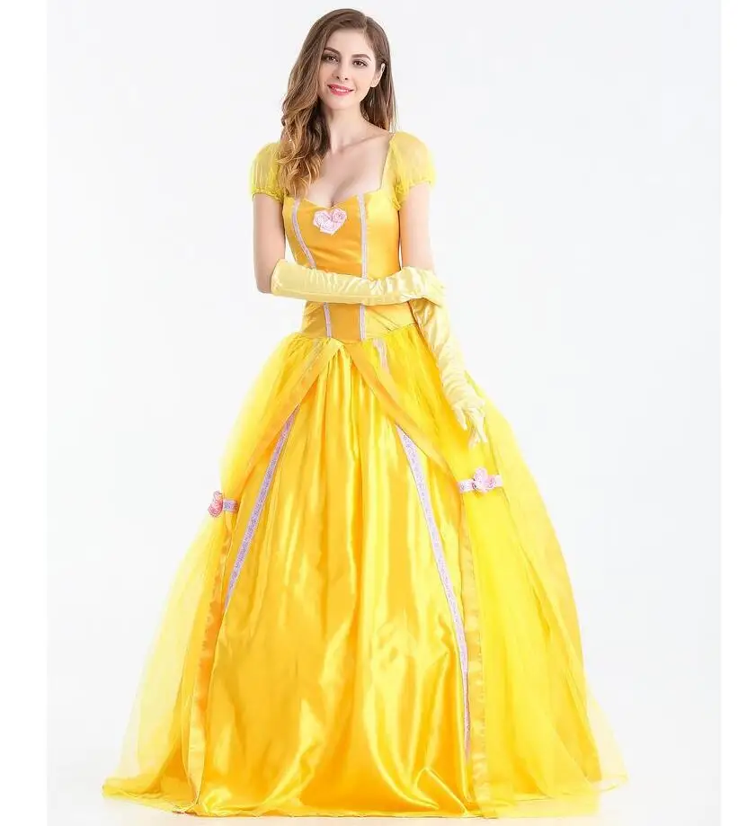 Halloween Beauty and the Beast Cosplay Costumes Adult Belle Princess Dresses For Women Anime Party Flower Yellow Long Dress |