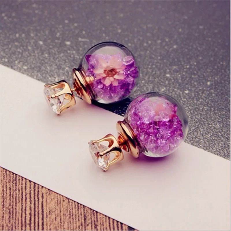 

New Women Fashion Glass Ball Broken Diamond Dried Flower Earrings Party Accessories Gifts