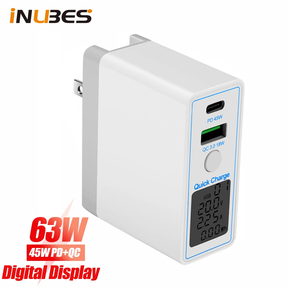 Сетевое зарядное устройство с ЖК-дисплеем и поддержкой быстрой зарядки, 45 Вт