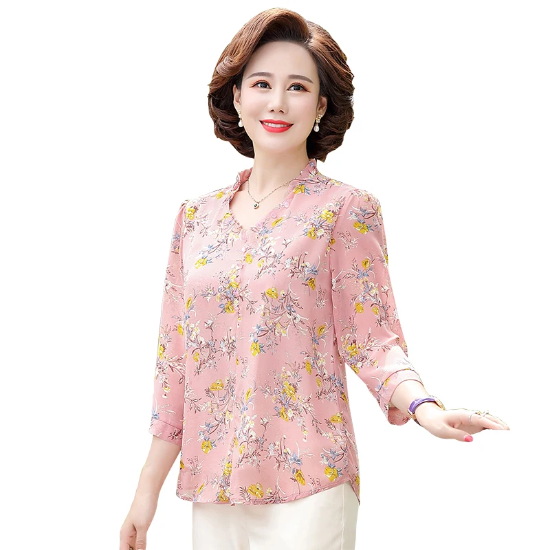 

pring Summer Women's T-shirt 2020 New Printed V-neck Tops Fashion Temperament Loose Seven-Sleeved Ladies Tops A802