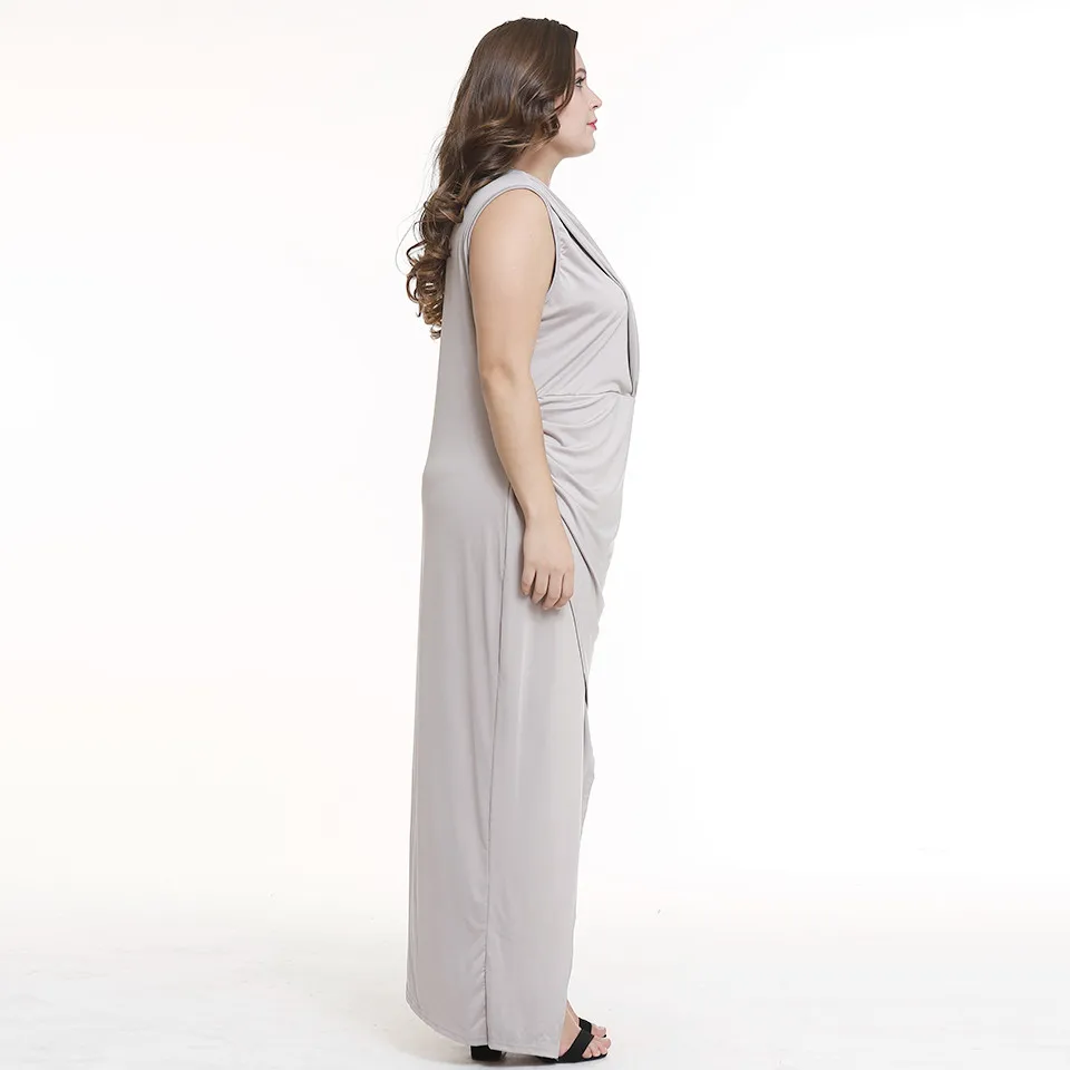 Женское платье макси с V-образным вырезом светло-серое свободное большого
