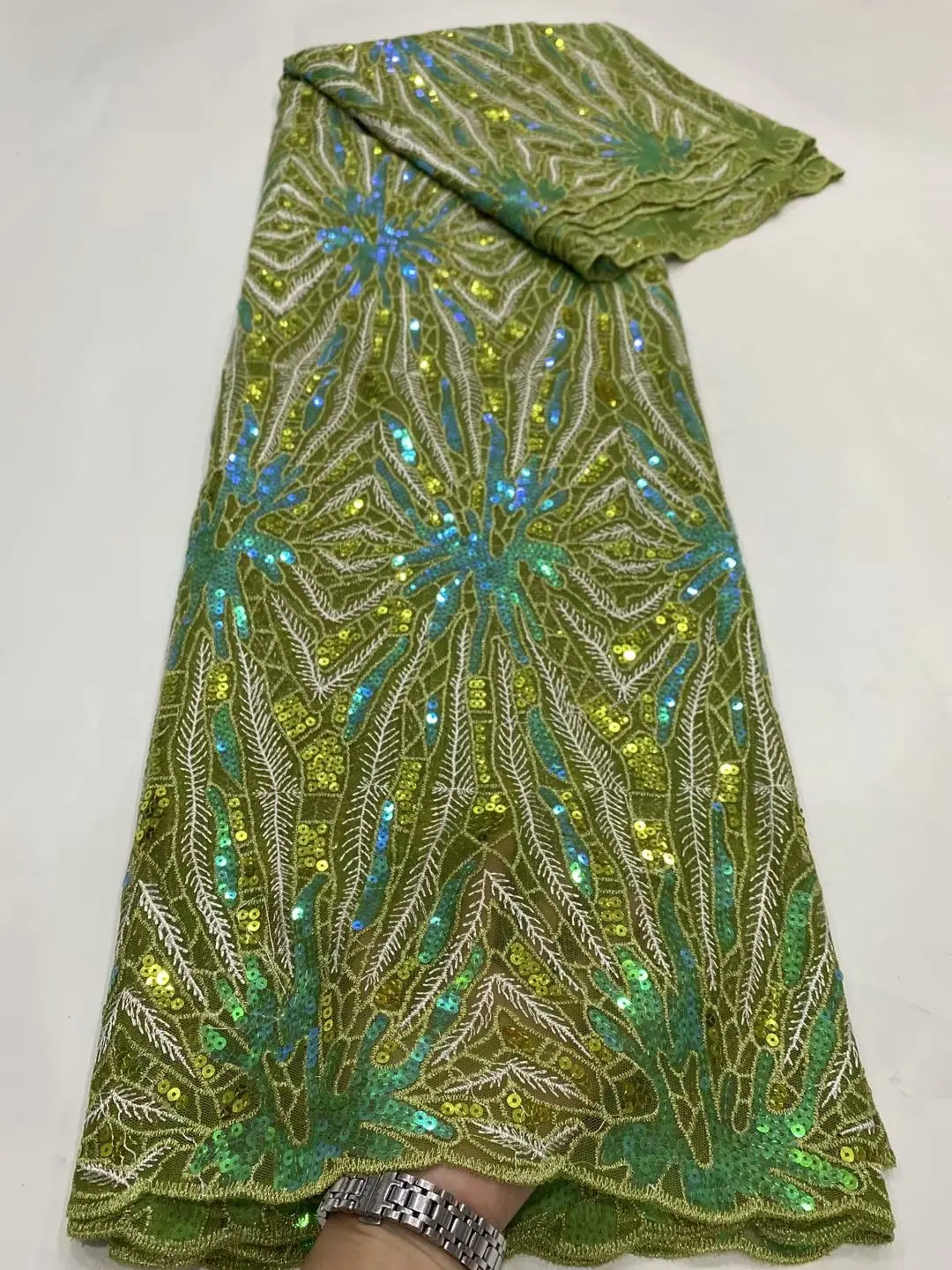 

Модная одежда с блестками для Aso Ebi, большая Свадебная вечеринка, тюль армейского зеленого цвета, блестящая французская Кружевная Сетка T132
