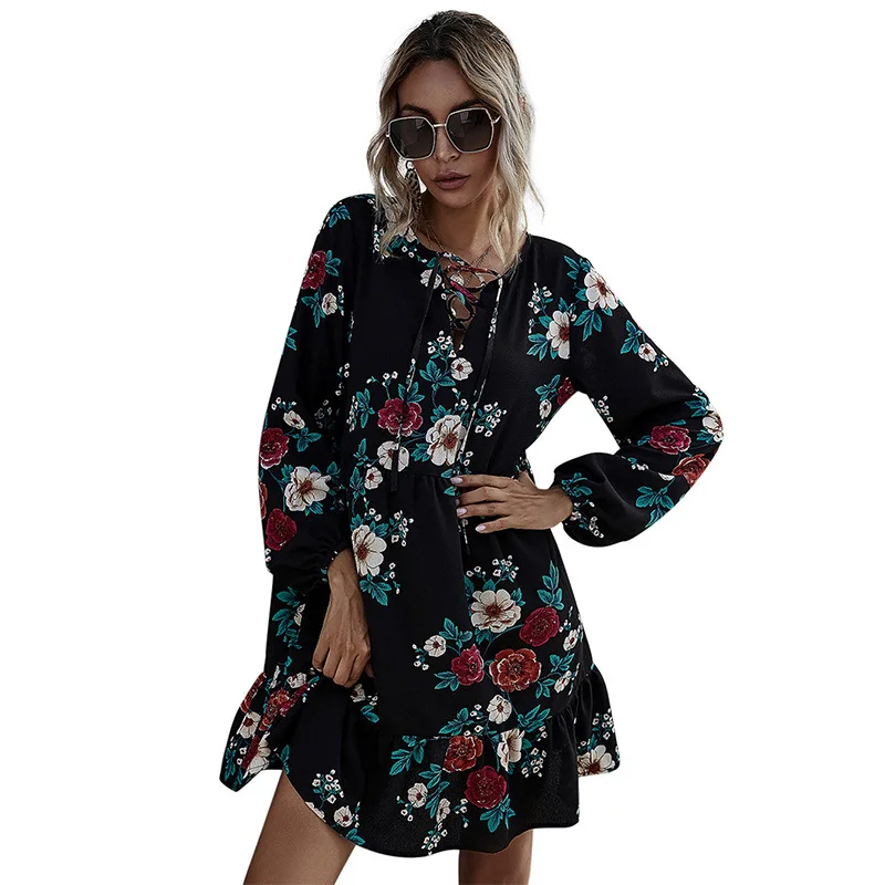 

2021 New Autumn Winter Ruffles Print Dress Women O-neck Full Sleeve High Waist Floral Dress Female Casual Black