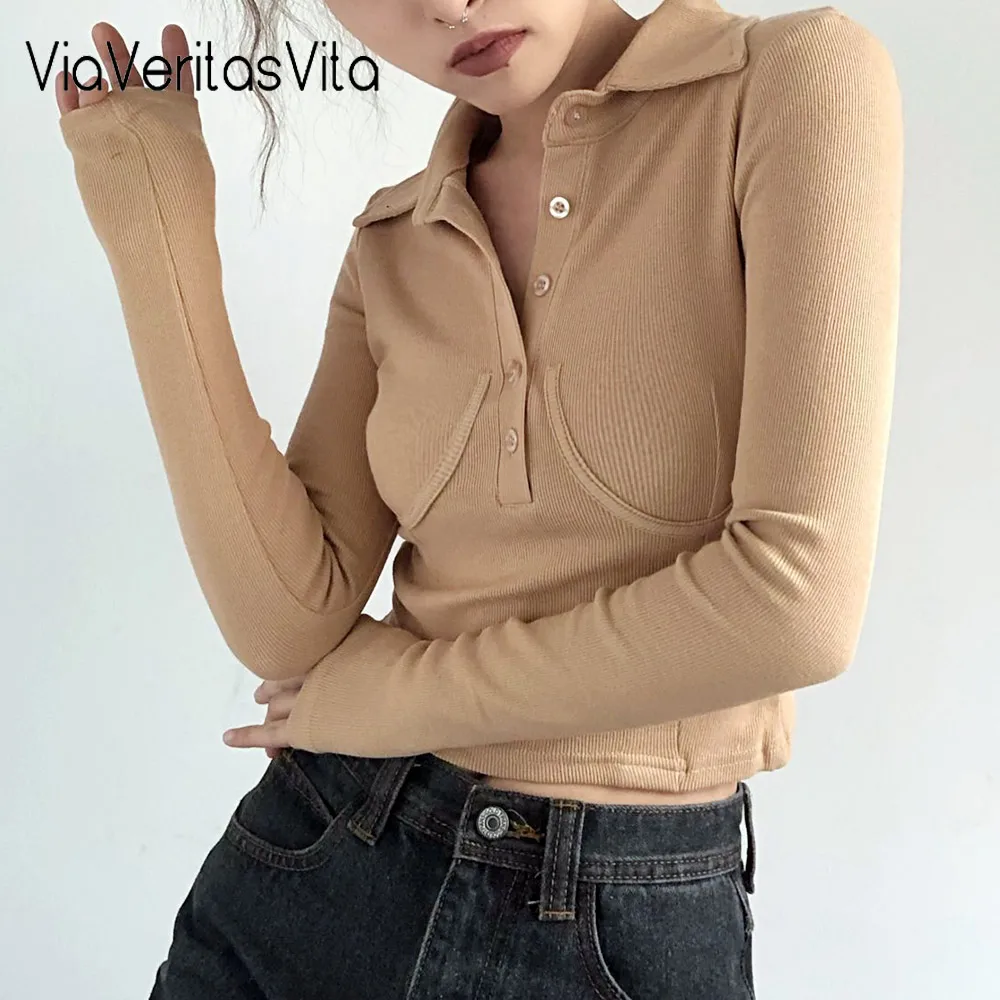 Женская однобортная футболка-поло Ins однотонная облегающая футболка с длинным