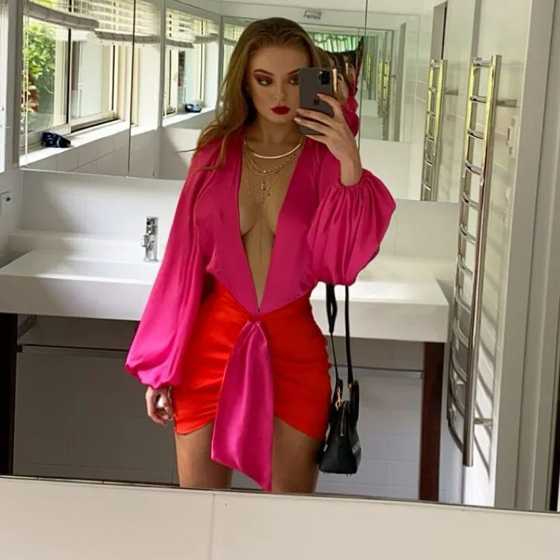 

Autumn Sexy Dress Sets Streetwear Contrast Color V Neck Lantern Long Sleeve Lace Up Hip Dress Set Women Pleated Hip Short Suit