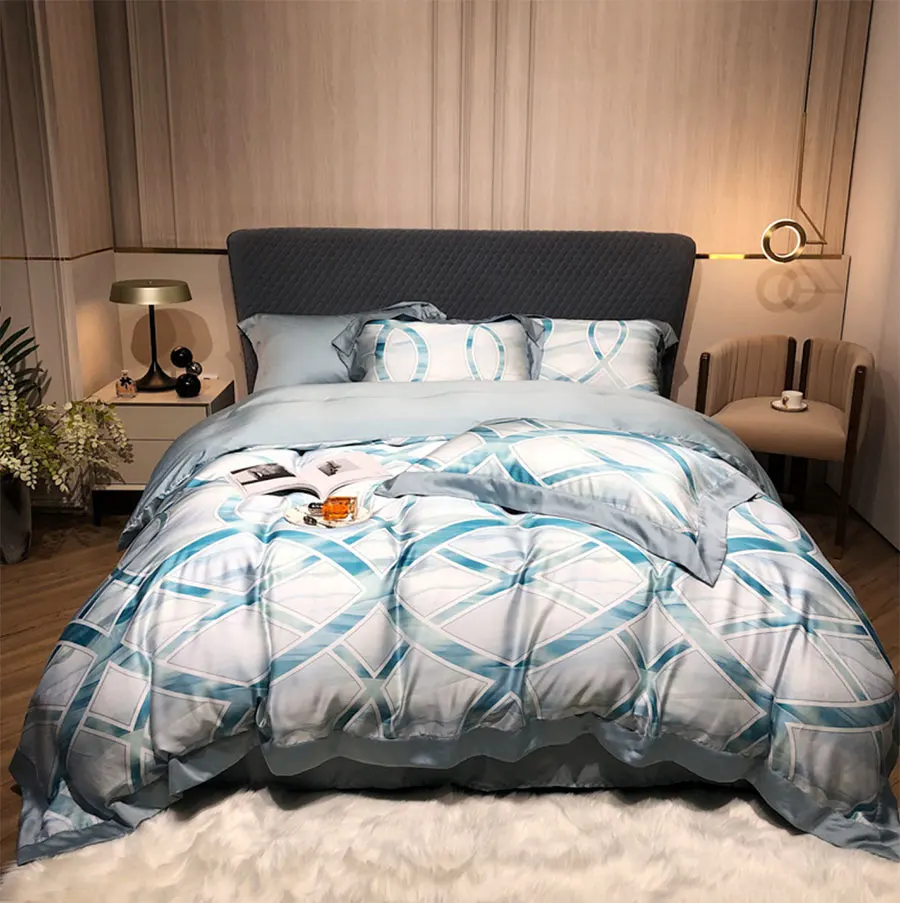 melhor Europeu Americano Azul Geométrico Jogo De Cama, Rainha Completa Rei Confortável Dupla Casa Têxtil Folha Fronha Capa Edredão