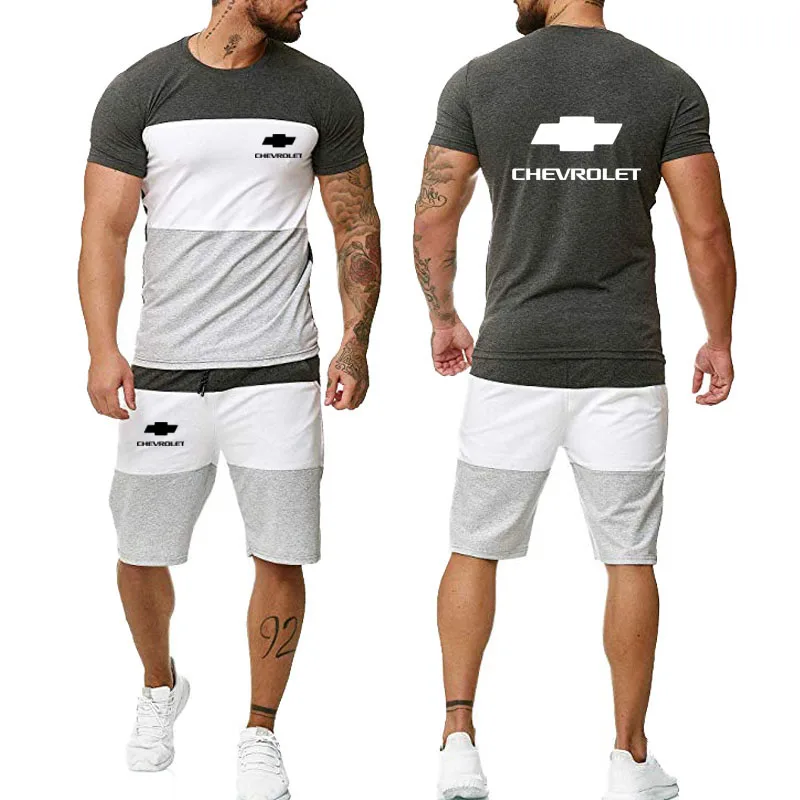 

2021New Trend Men's T-shirt Chevrolet car logo print Summer Stitching color Men's sports suit High Quality Cotton 2-piece set