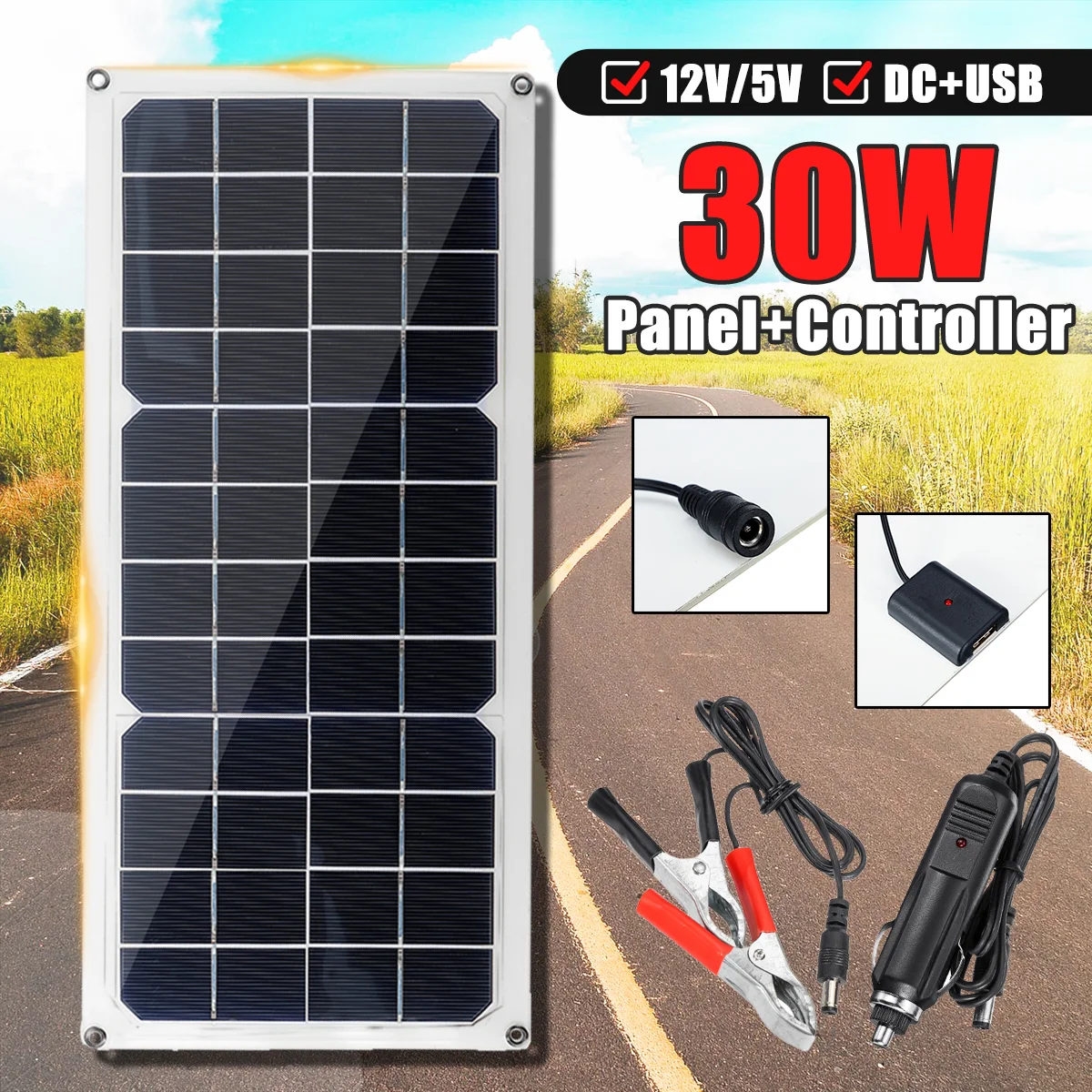 

30W Solar Panel 12V Polycrystalline USB Power Portable Outdoor Cycle Camping Hiking Travel Solar Cell Phone Charger