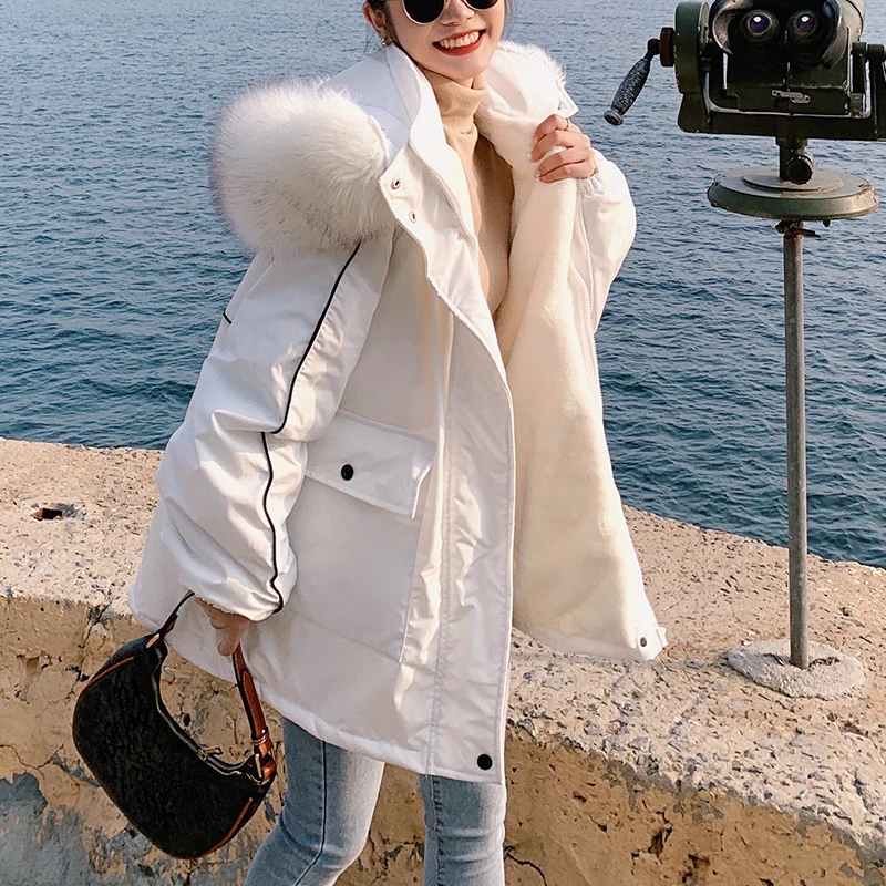 

FORYUNSHES Women Lamb Wool Liner Thicken Hooded Parkas Loose Casual With Big Fur Collar Warm Jacket Thick Outerwear Winter Coat