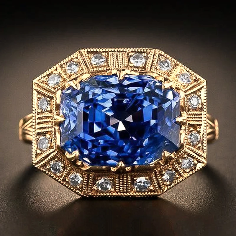 Blue Topaz Princess Diamond Ring with 18K Yellow Gold Color Engagement for Women Gift Jewelry | Украшения и аксессуары