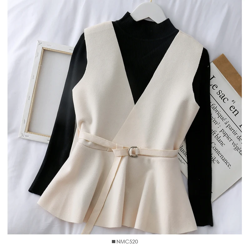 Amolapha Женский вязаный Топ пуловеры + твидовый ремень жилет пальто 2 шт наборы