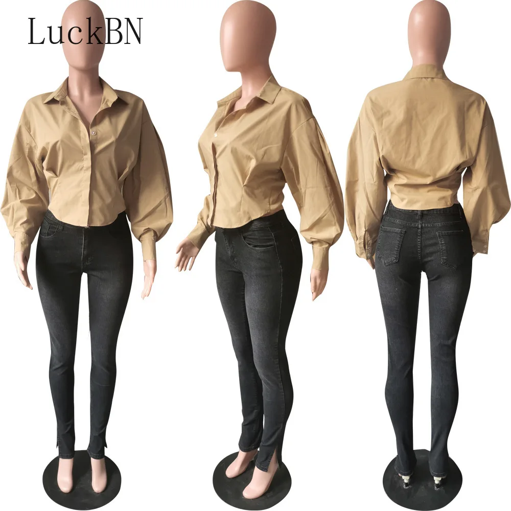 

Lantern Sleeve Blouses Womens Clothing Button Shirt Elegant Chic Top Turn-down Collar Long Sleeve Shirt Women Camisa De Mujer