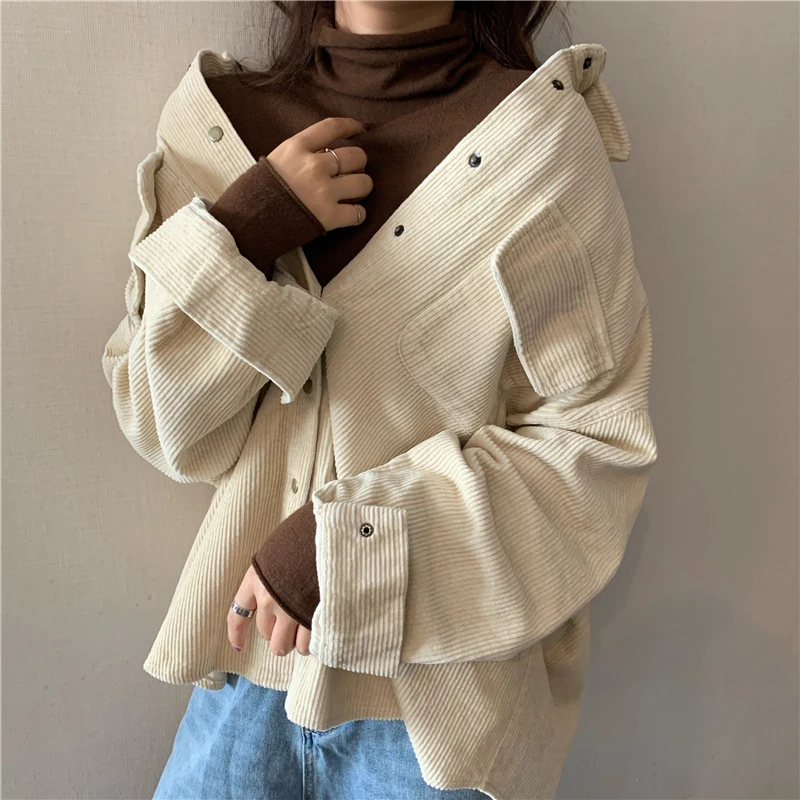 

Spring New Women Solid Corduroy Shirts Jackets Full Sleeve Turn-Down Collar Oversize Coats Casual Autumn Basic Outwear