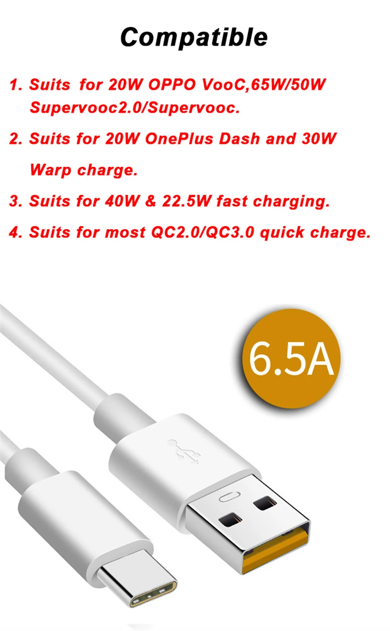

SIKAI USB-C Cable 2m 6.5A For Oppo R11S Super VOOC 30W 65W For Oneplus Warp Charging 40W Super Chargers For Huawei p30 40 lite