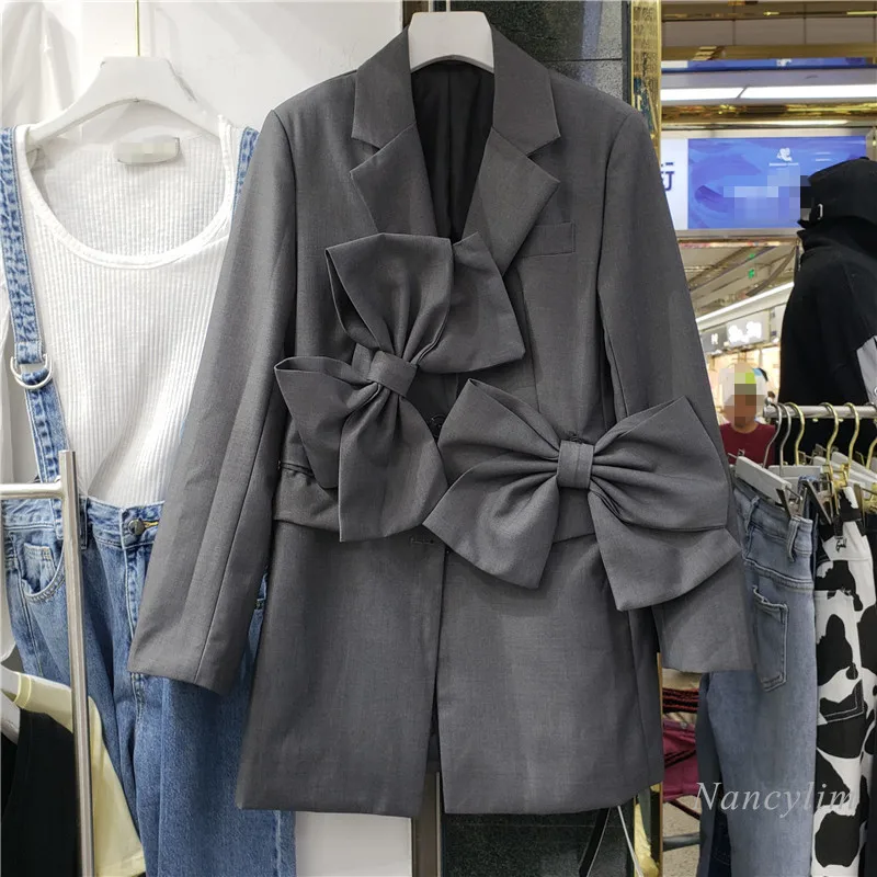 

Women's Gray Bow Suit Jacket Elegant Lady Mid-Length Blazer 2021 Spring Autumn Korean Style Street Wear Loose Coat