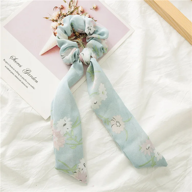 Light blue Современный маленький свежий шифон кисточка для волос кольцо Мода милая девушка красочный принт цветок бант аксессуары для волос завязанные волосы стиль инструмент - Цвет: Light blue