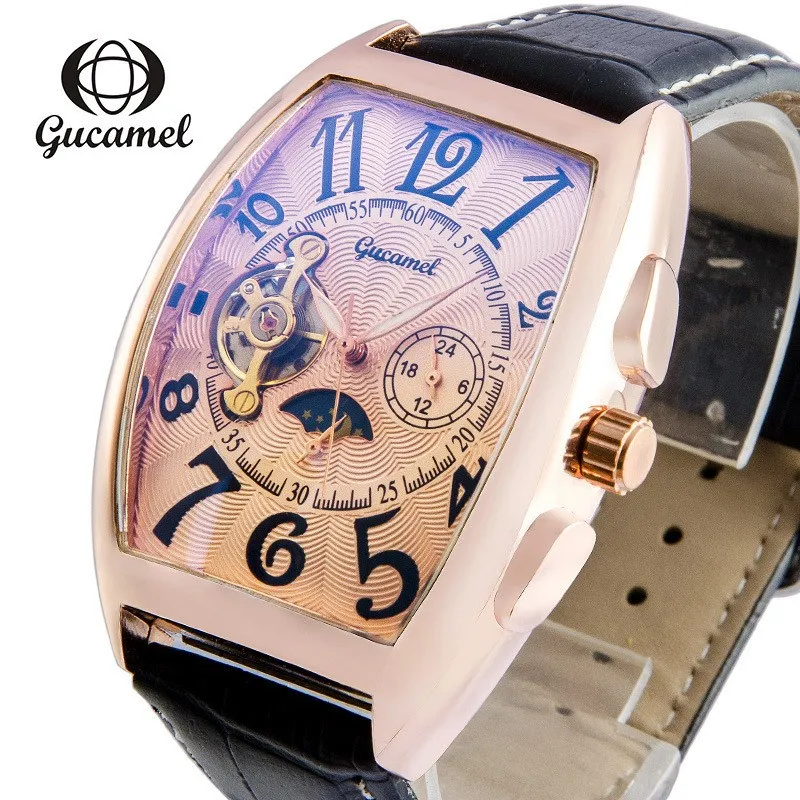 GUCAMEL мужские брендовые баррель циферблат ремень часы бизнес досуг турбийон
