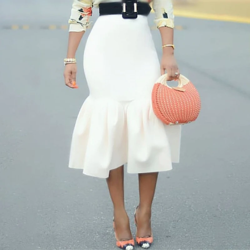 Белая облегающая юбка русалки с завышенной талией тонкая оборками посылка