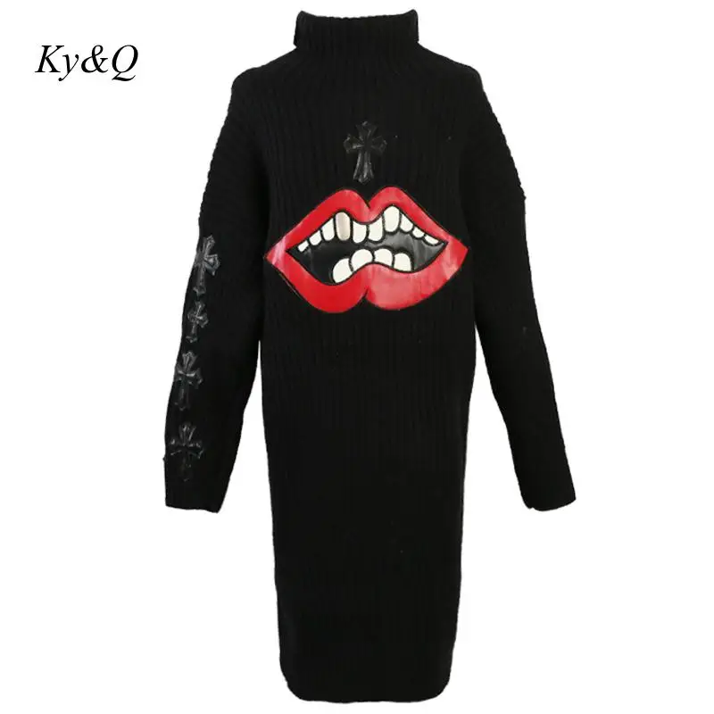 2020 Spring Designer Women Turtleneck Knit Long Sweater Dress Cross Lip Print Sleeve Pullover Luxury Fashion Clothes Jumper | Женская