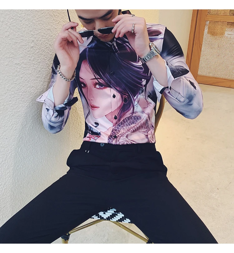 Высокое качество, Camisa Masculina, мода, мужская рубашка с длинным рукавом, красивая девушка, с принтом, тонкая рубашка, мужская рубашка для ночного клуба, смокинг, платье
