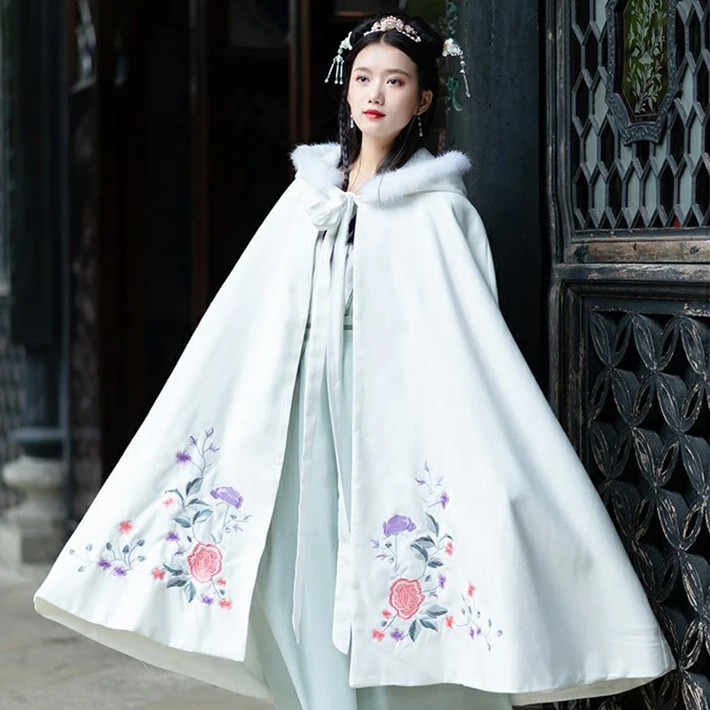 Женский плащ Hanfu китайский традиционный женский зимний костюм бело голубое