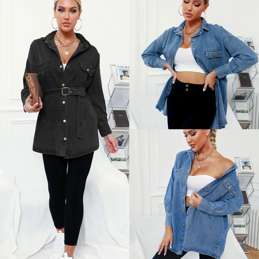 

Ladies Denim Jacket Autumn New Unique Design Retro Ins Wind Belt Shirt Denim Dress with Belt Single Breasted Commuter Coat