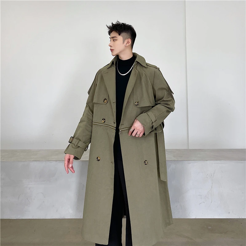 

Мужская винтажная куртка-карго, Корейская уличная одежда, длинная двубортная ветровка на молнии со съемным подолом, тренчкот