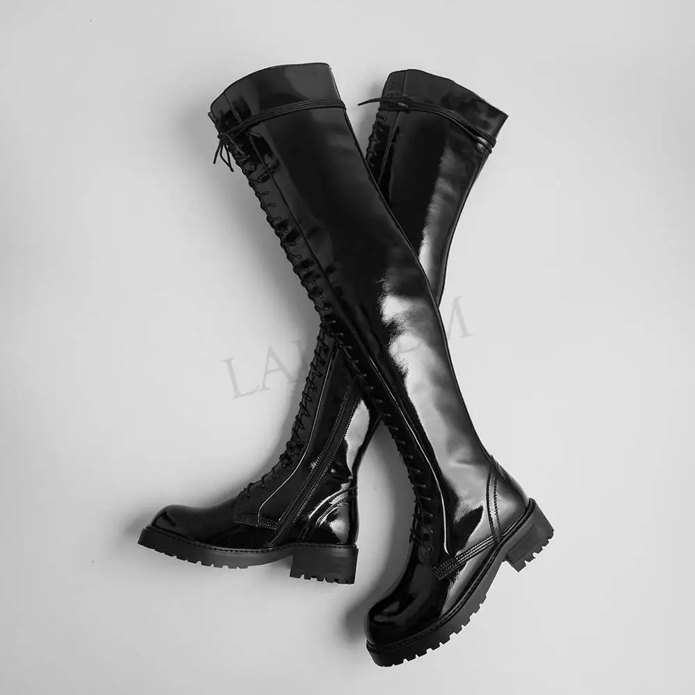 LGZ909 Black Patent LAIGZEM/женские ботфорты выше колена; расклешённые матовые лакированные сапоги до бедра на низком каблуке с молнией; Zapatos de Muje; Размеры 33, 38, 39, 40 - Цвет: LGZ909 Black Patent