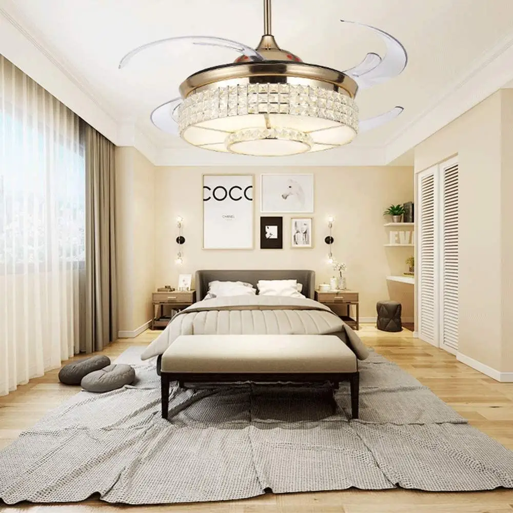 

42 Inch Ceiling Fan Modern Crystal Chandelier Led Lights Remote Control Fan Pendant Lights Silent Retractable Fan Blades Pendant