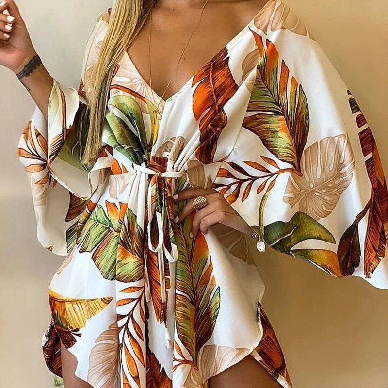 

Женское мини-платье с V-образным вырезом, леопардовым принтом и рукавами летучая мышь