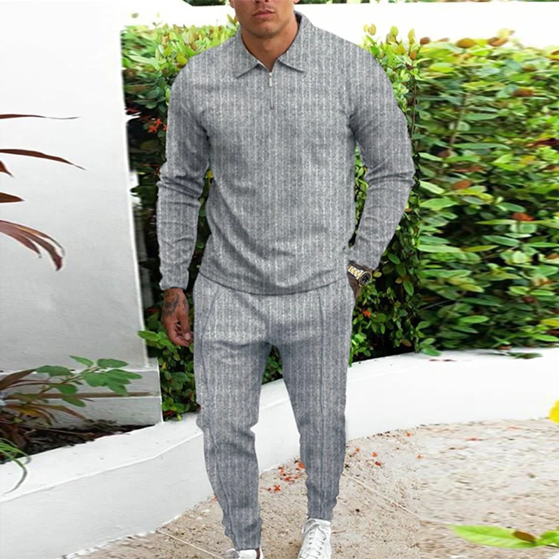 

Autumn Mens Outfit Streetwear Fashion Stripe Printing Long Sleeve Lapel Top+ Long Pant Suits Men Casual Jogging Two Piece Sets