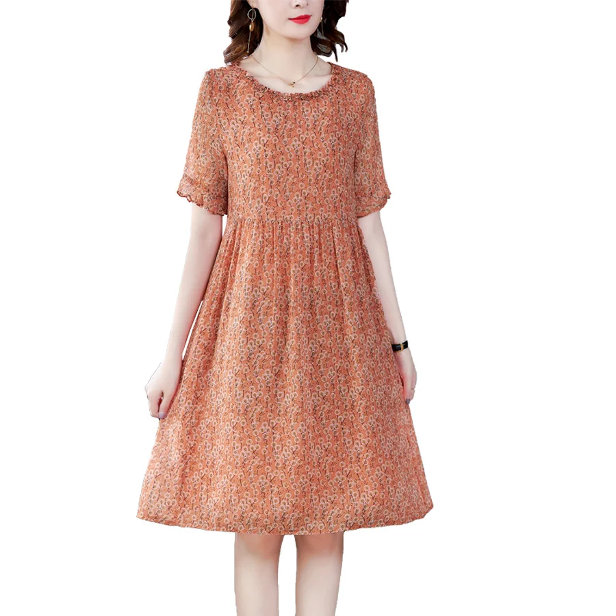 

Orange Printed Mulberry Silk Beach Midi Dresses 2021 Summer Vintage 4XL Plus Size Sundress Classy Female Bodycon Party Vestidos