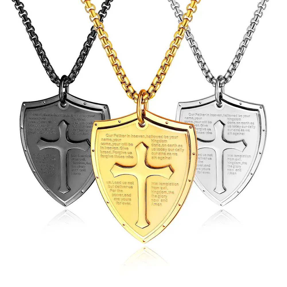 

Retro Men's Bible Cross Shield Pendant Chain Necklace Stainless Steel Jewelry