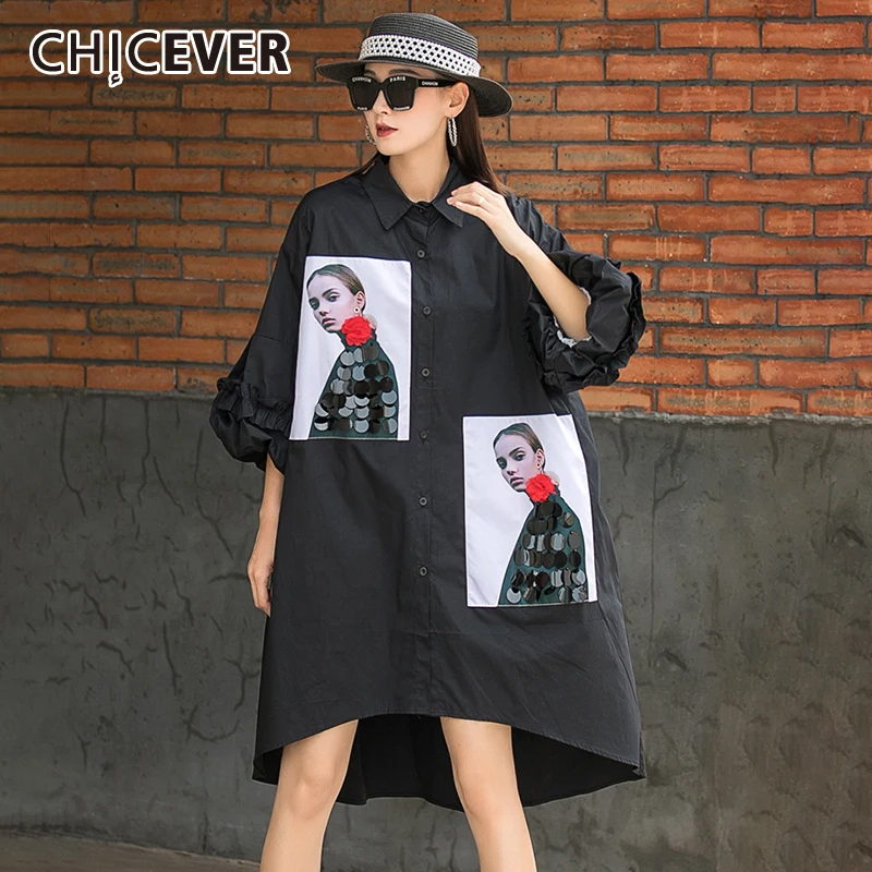 

CHICEVER Casual Loose Patchwork Print Colorblock Shirt For Women Lapel Collar Long Sleeve Button Through Blouse Female Fashion