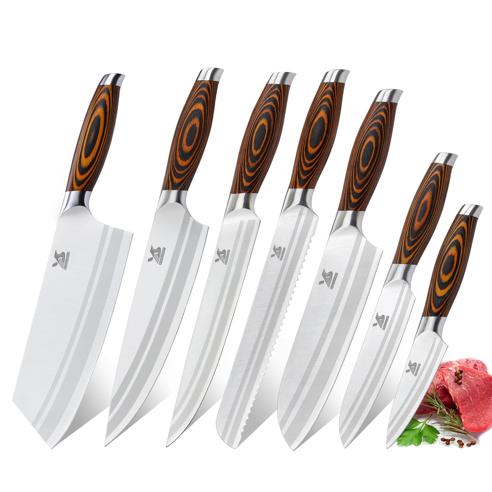 

Набор кухонных ножей BIGSUNNY из 7 предметов с ручкой Pakkawood премиум-класса, немецкий стальной набор ножей включает нож шеф-повара сантоку