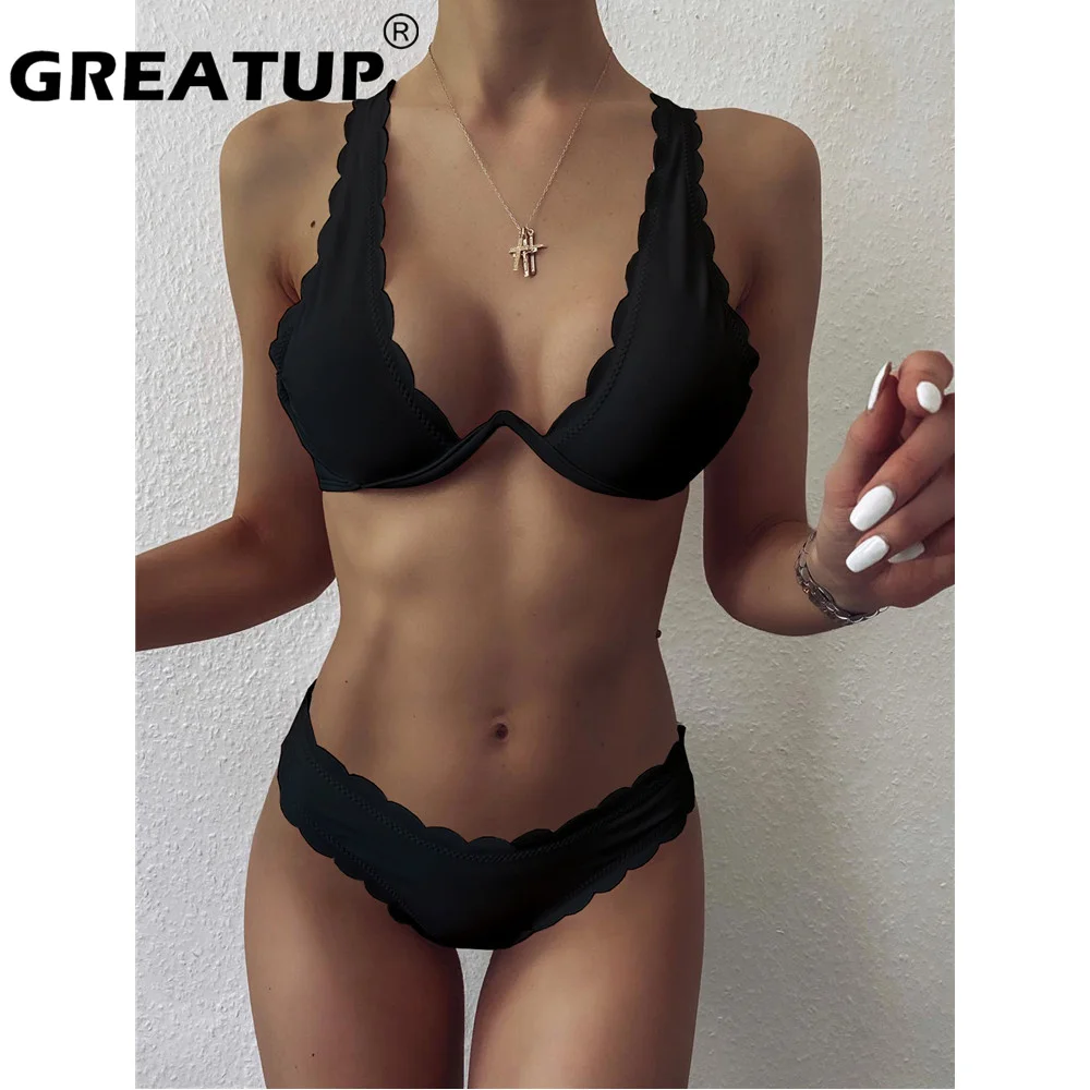 

GREATUP Sexy Solid Underwire Women Swimsuits Scalloped Low Waist Bathing Suit Brazilian Bikinis Biquini Set Ribbed Sling Cup