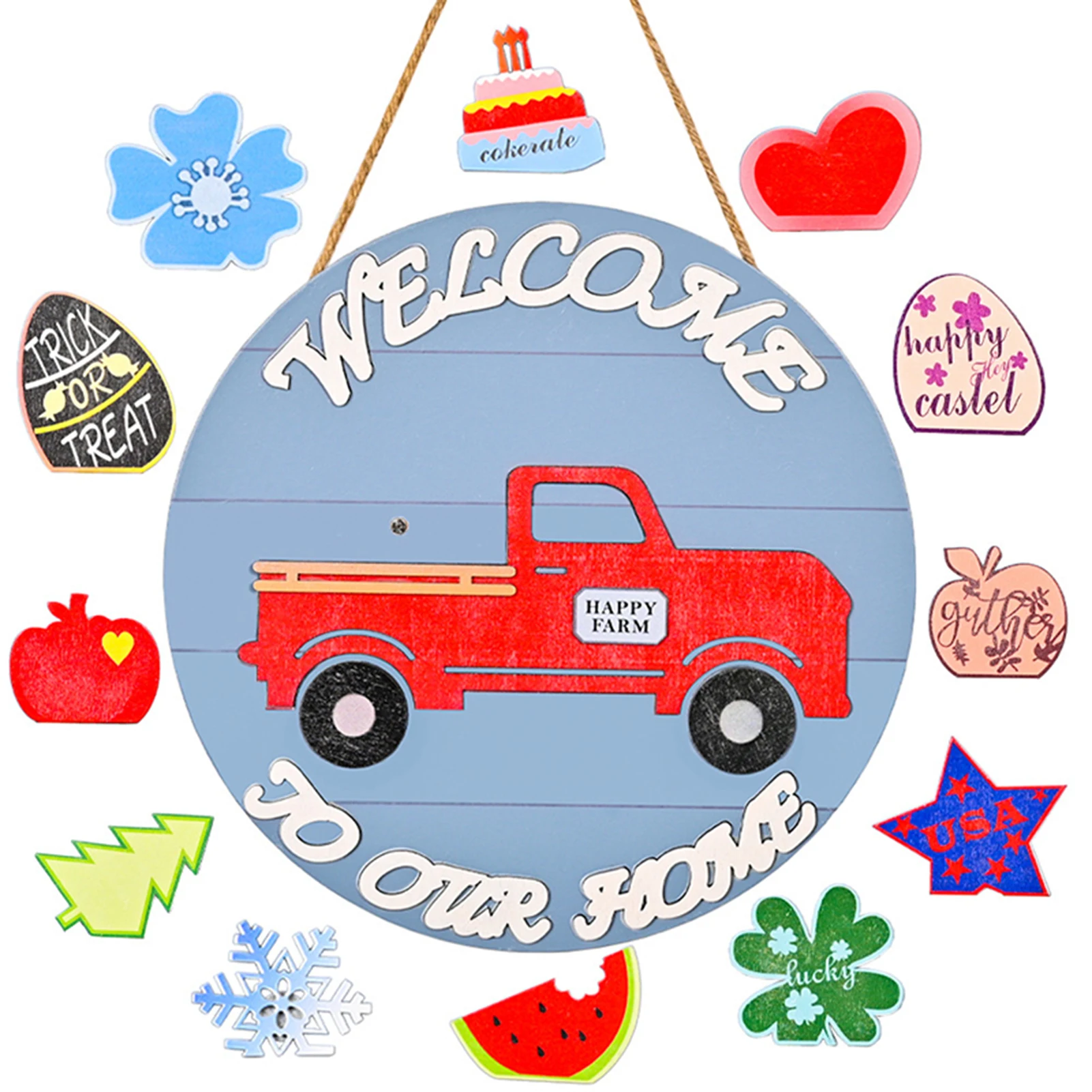 

Christmas Welcome Door Sign with Replaceable Accessories Wooden Car Front Door Hanger for Home Garden Farmhouse Decor LBS
