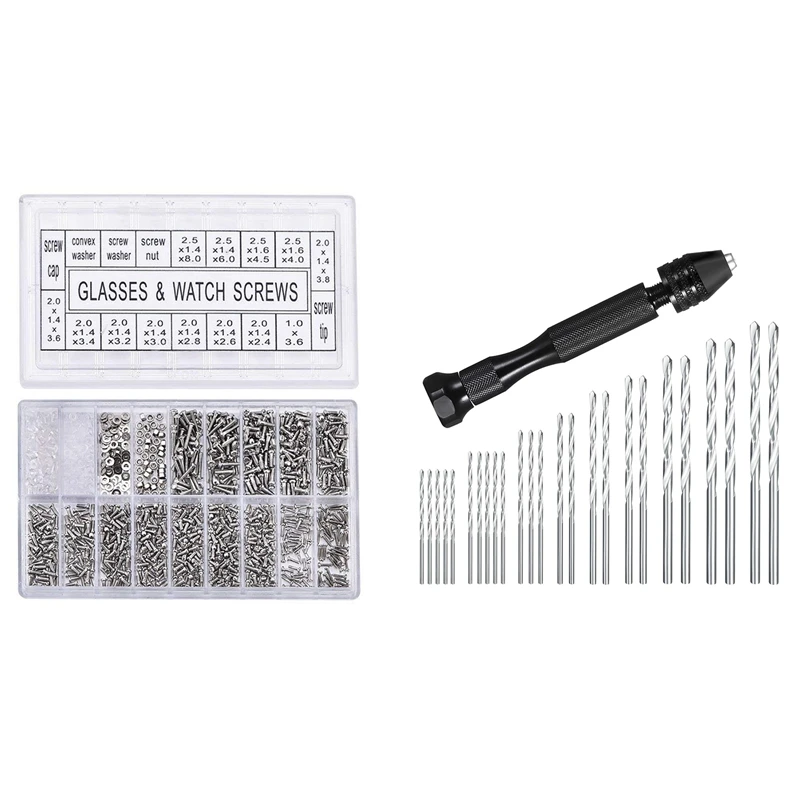 

1000Pcs Stainless Steel Eyeglasses Watch Repair Screw Replacement Kit with Hand Drill Set Precision Pin Vise
