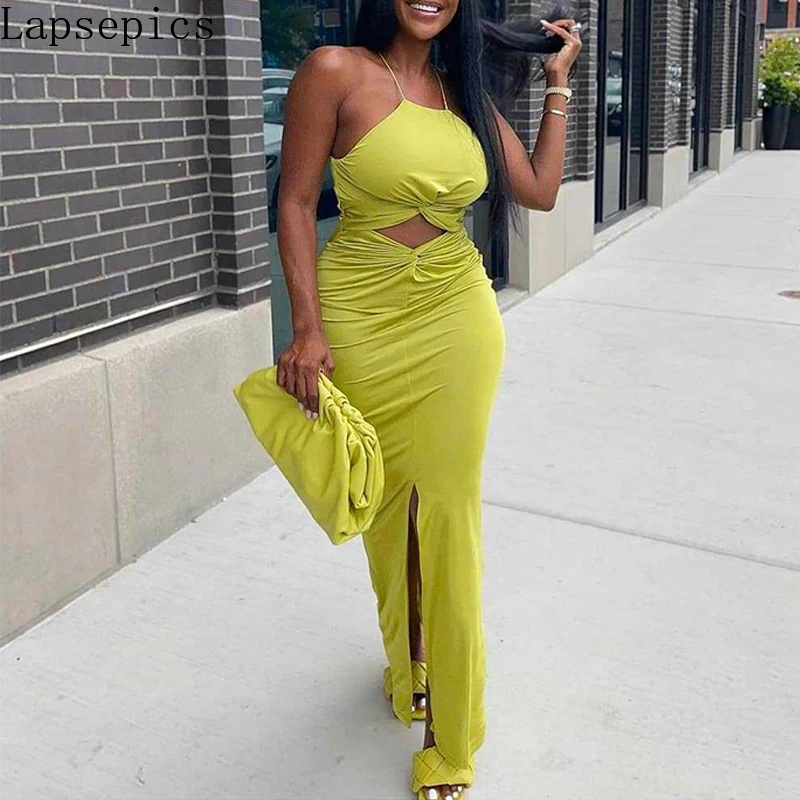 

Halter Cut Out Solid Maxi Dress Casual Slim Slit Evening Party Club Dress