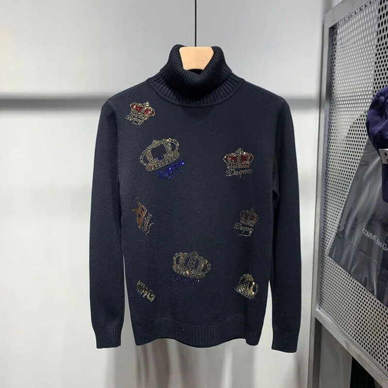 

Loose Fashion Street Oversized Hot Crown Men's Turtleneck Sweater Knitted Brand Pullover Cashmere Sweatshirt